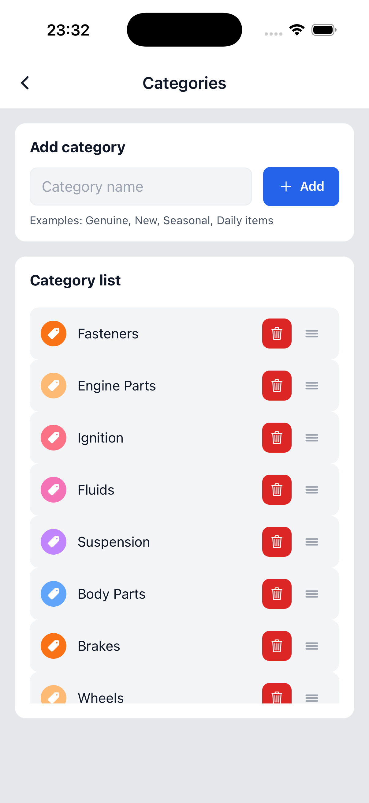 Category settings in Stokki